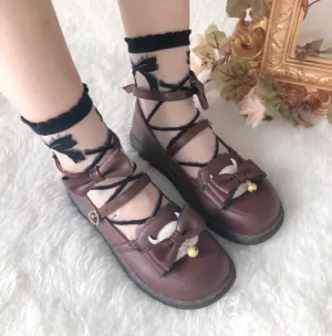 Sohiwoo vintage round head comfortable women shoes cute lace bowknot kawaii shoes loli cosplay Japanese kawaii girl sweet lolita shoes