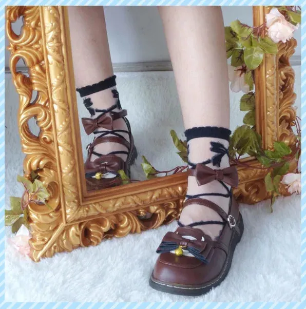 Sohiwoo vintage round head comfortable women shoes cute lace bowknot kawaii shoes loli cosplay Japanese kawaii girl sweet lolita shoes