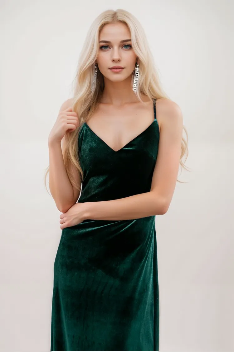 Spaghetti-straps crisscross back fit and flare long Velvet Dress