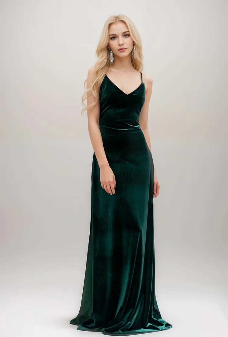 Spaghetti-straps crisscross back fit and flare long Velvet Dress