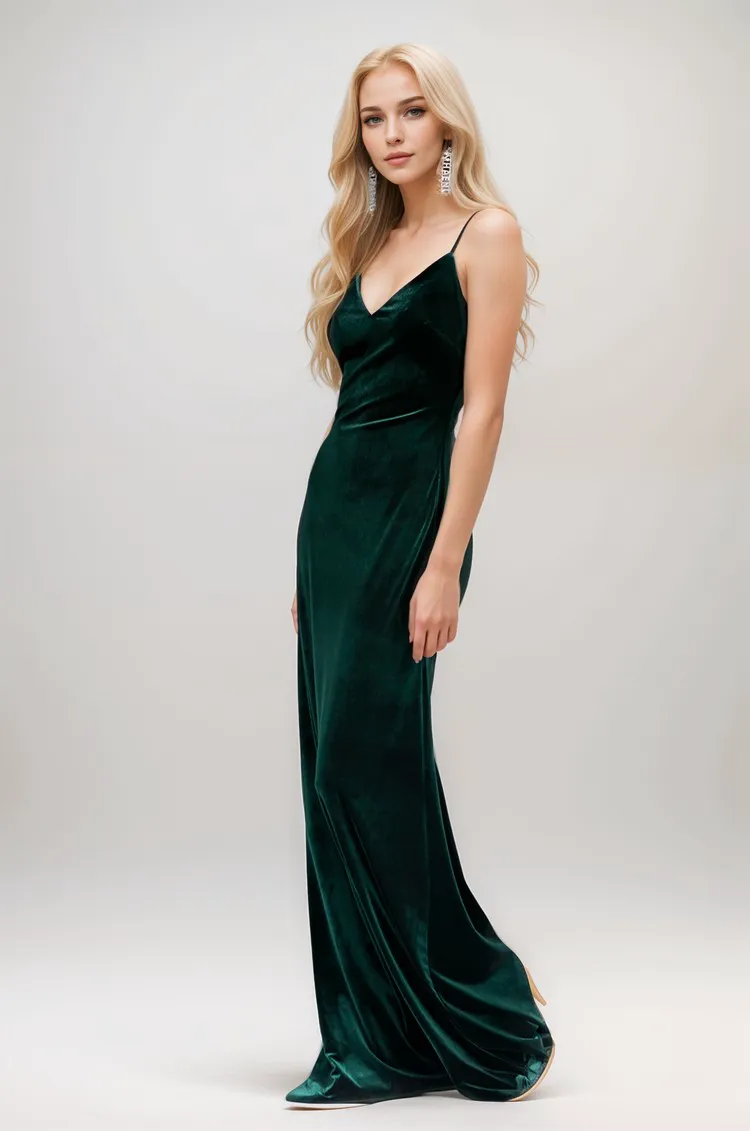 Spaghetti-straps crisscross back fit and flare long Velvet Dress