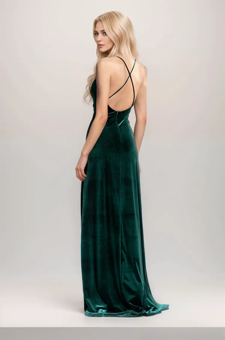 Spaghetti-straps crisscross back fit and flare long Velvet Dress