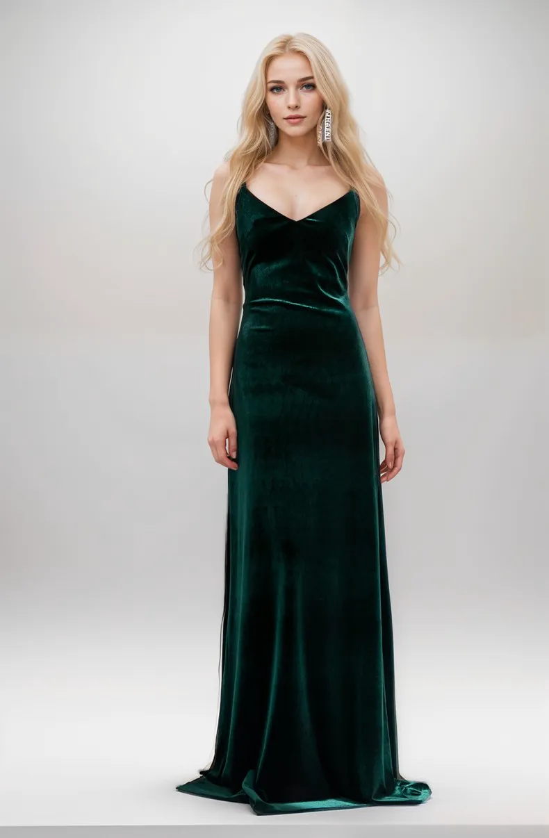 Spaghetti-straps crisscross back fit and flare long Velvet Dress