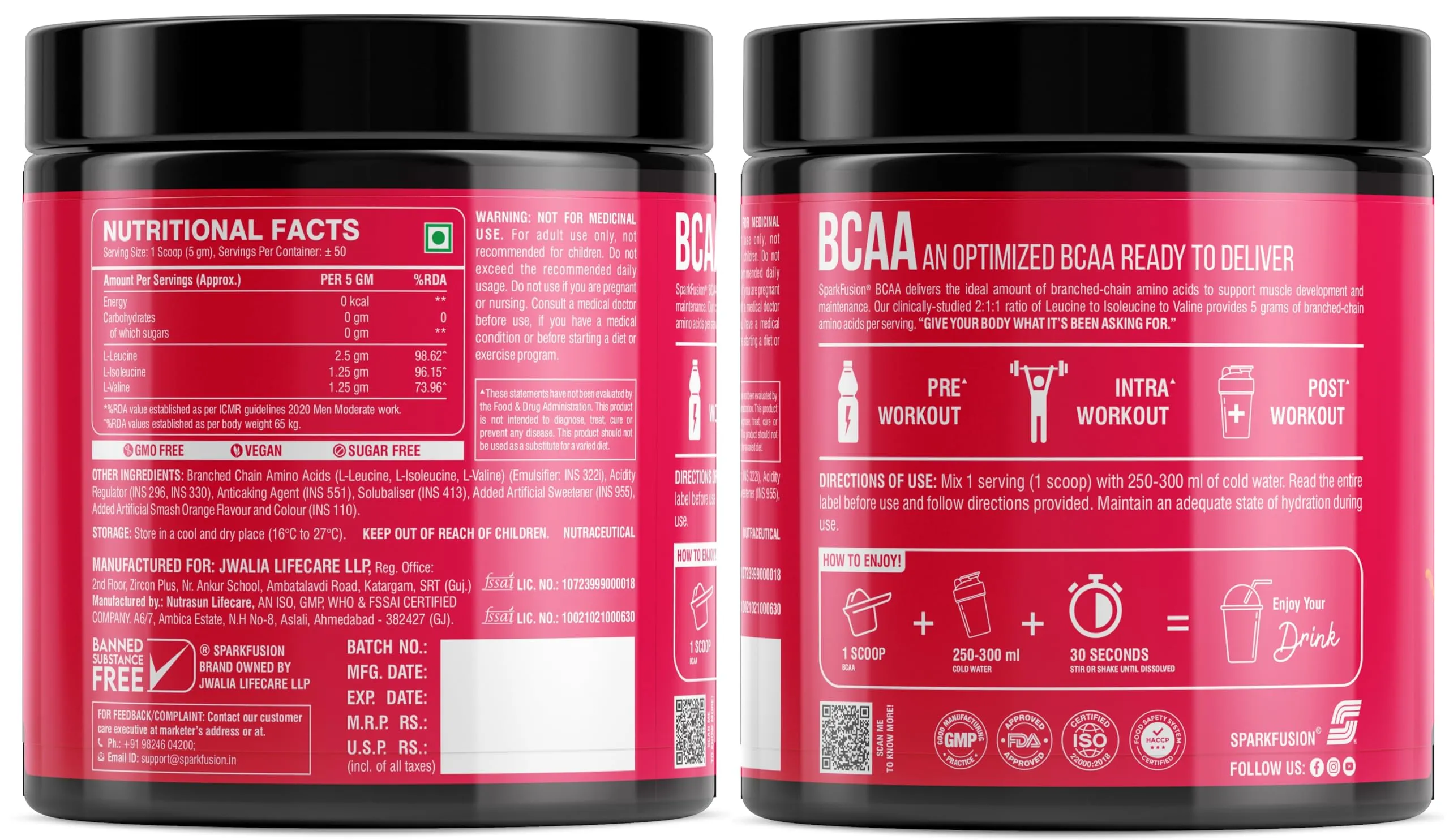 Sparkfusion BCAA Pure-Amino -250 gm (50 Servings) With Complete Ratio of 2:1:1 for Recovery & Performance Boost,Energy Powder (Smash Orange)