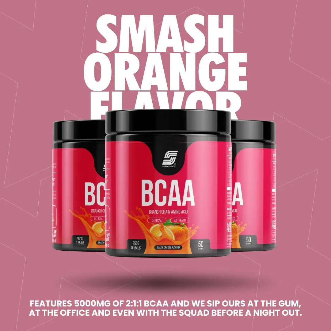 Sparkfusion BCAA Pure-Amino -250 gm (50 Servings) With Complete Ratio of 2:1:1 for Recovery & Performance Boost,Energy Powder (Smash Orange)