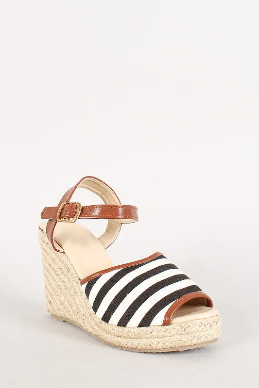 Stripe Canvas Peep Toe Espadrille Platform Wedge