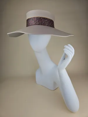 Tall Peach Gray Lotus Visor Hat with Dark Red and Purple Floral Band