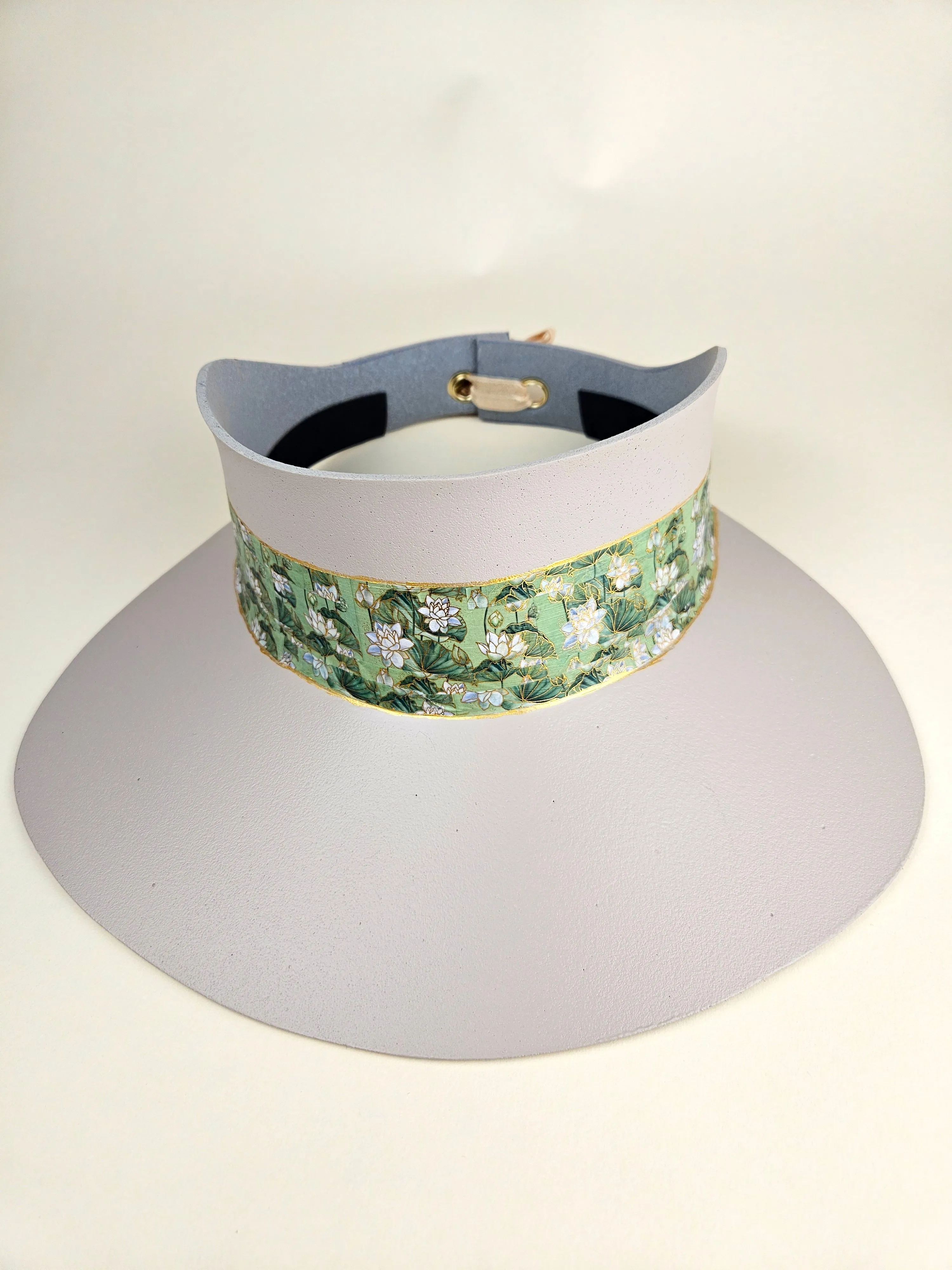 Tall Peach Gray "LadyEVA" Visor Hat with White and Green Botanical Band