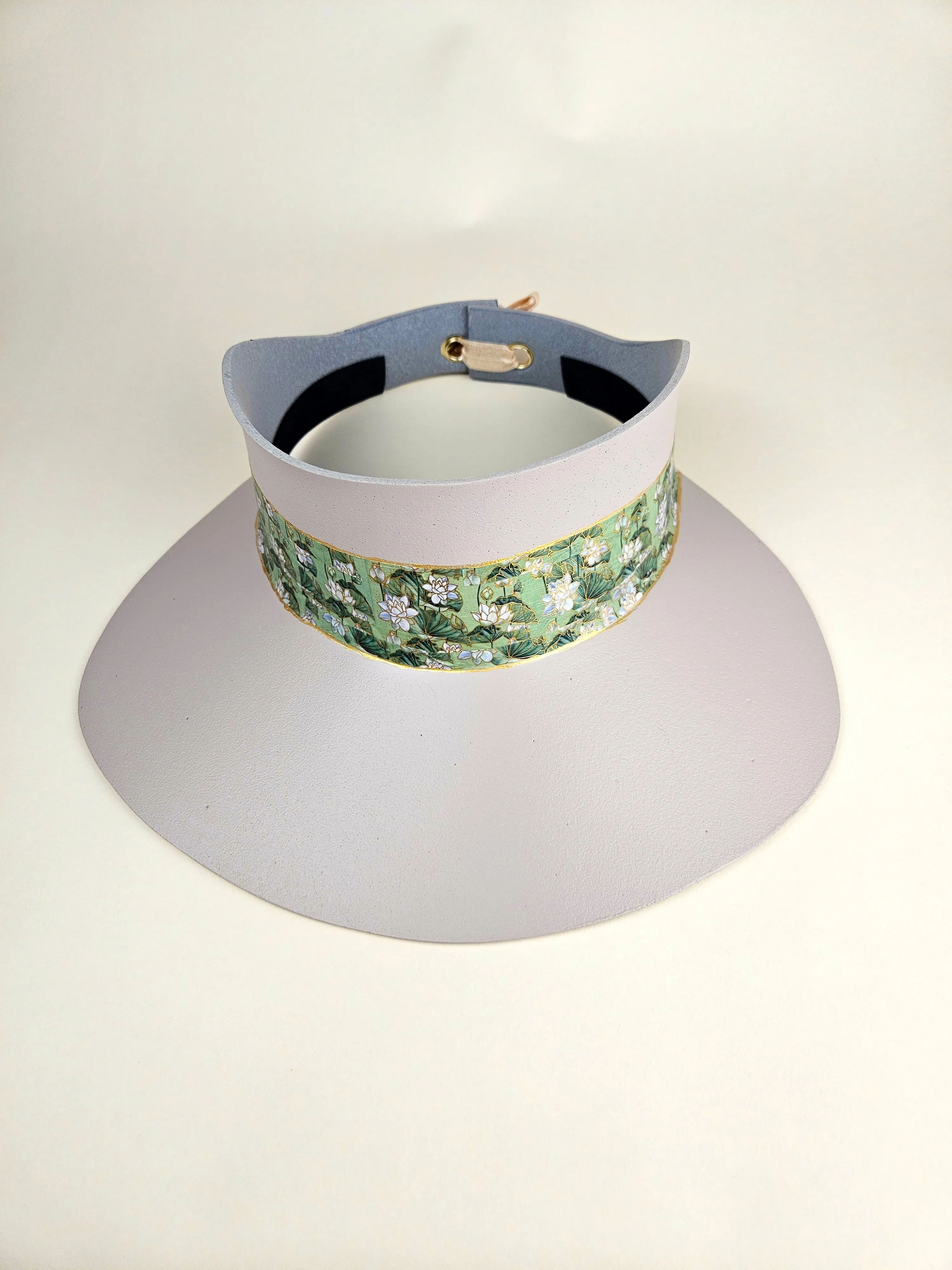 Tall Peach Gray "LadyEVA" Visor Hat with White and Green Botanical Band