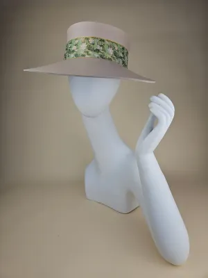 Tall Peach Gray "LadyEVA" Visor Hat with White and Green Botanical Band