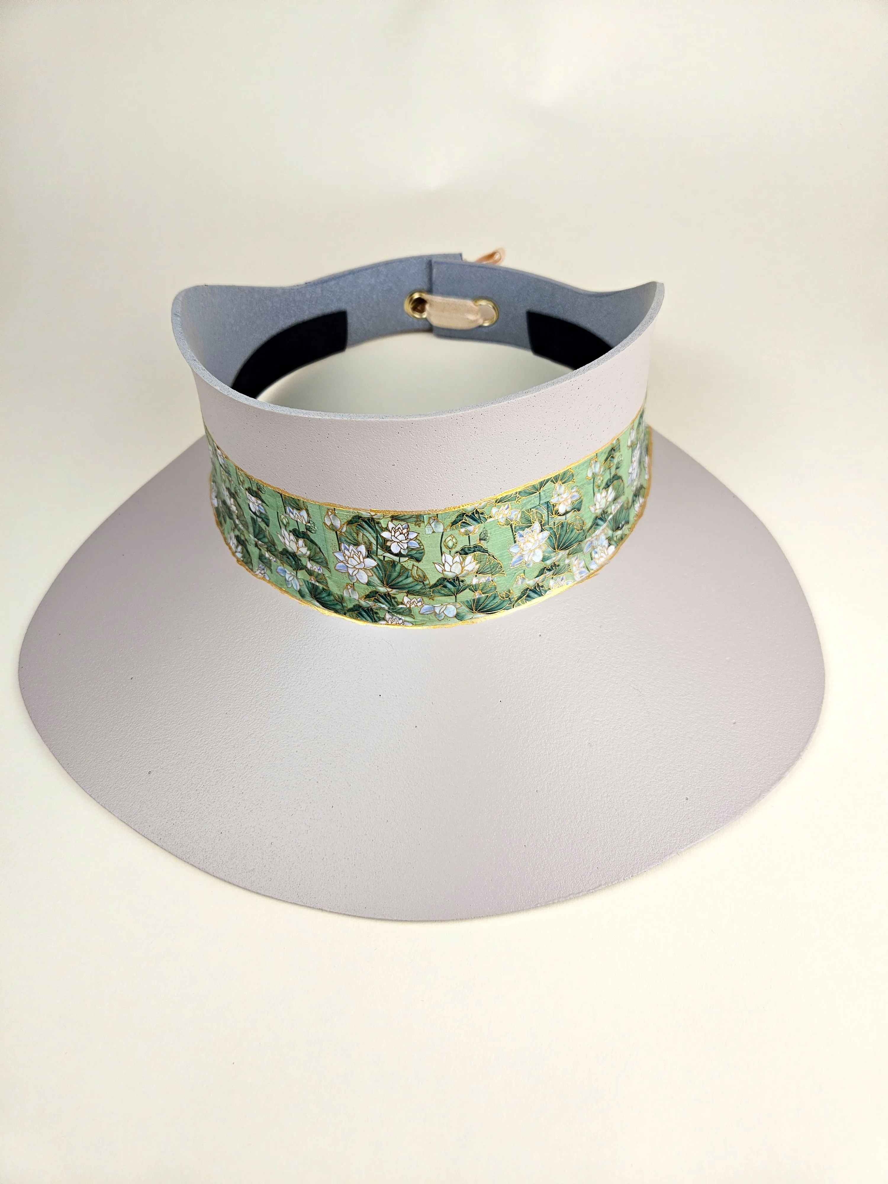 Tall Peach Gray "LadyEVA" Visor Hat with White and Green Botanical Band