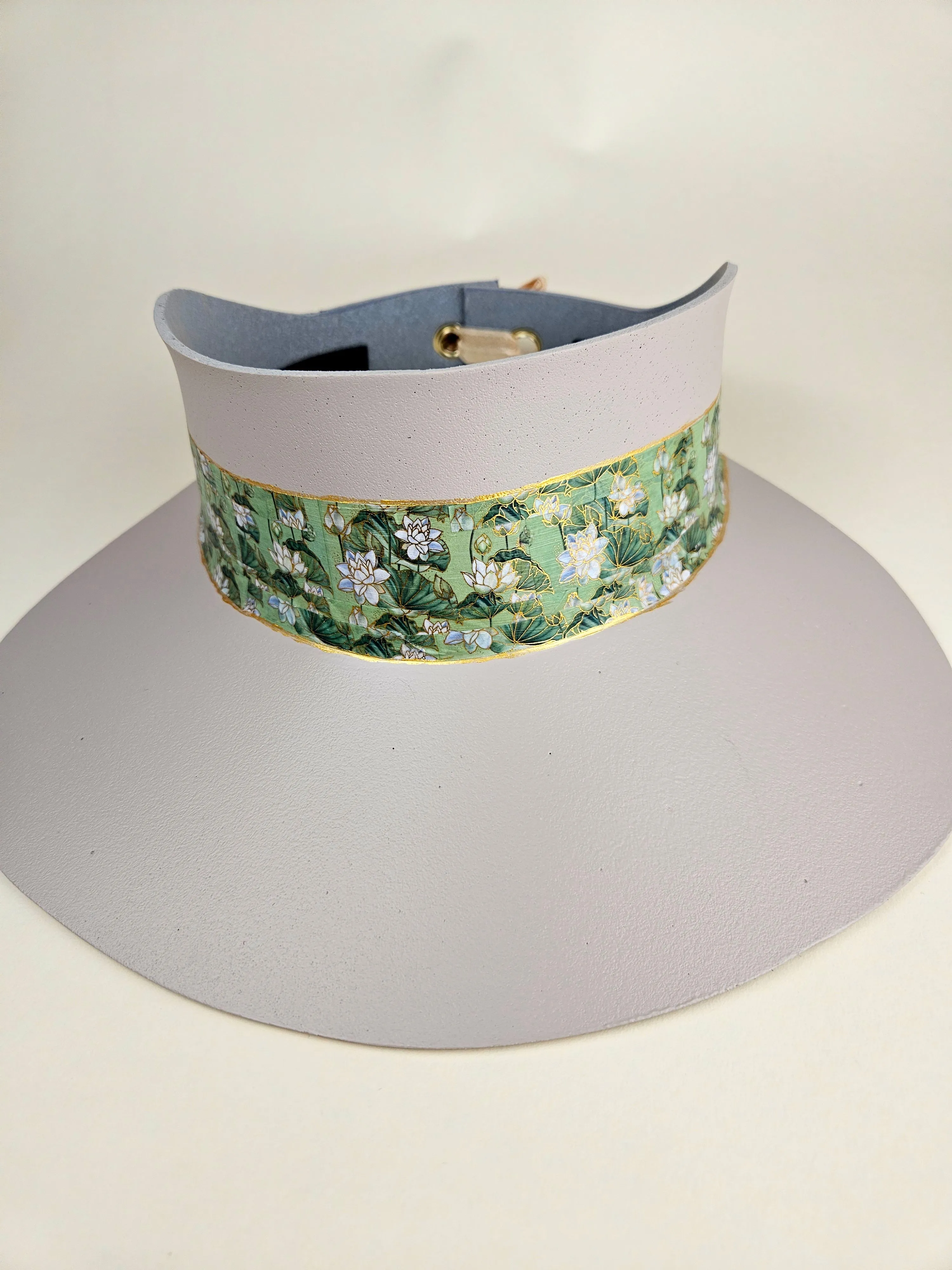 Tall Peach Gray "LadyEVA" Visor Hat with White and Green Botanical Band