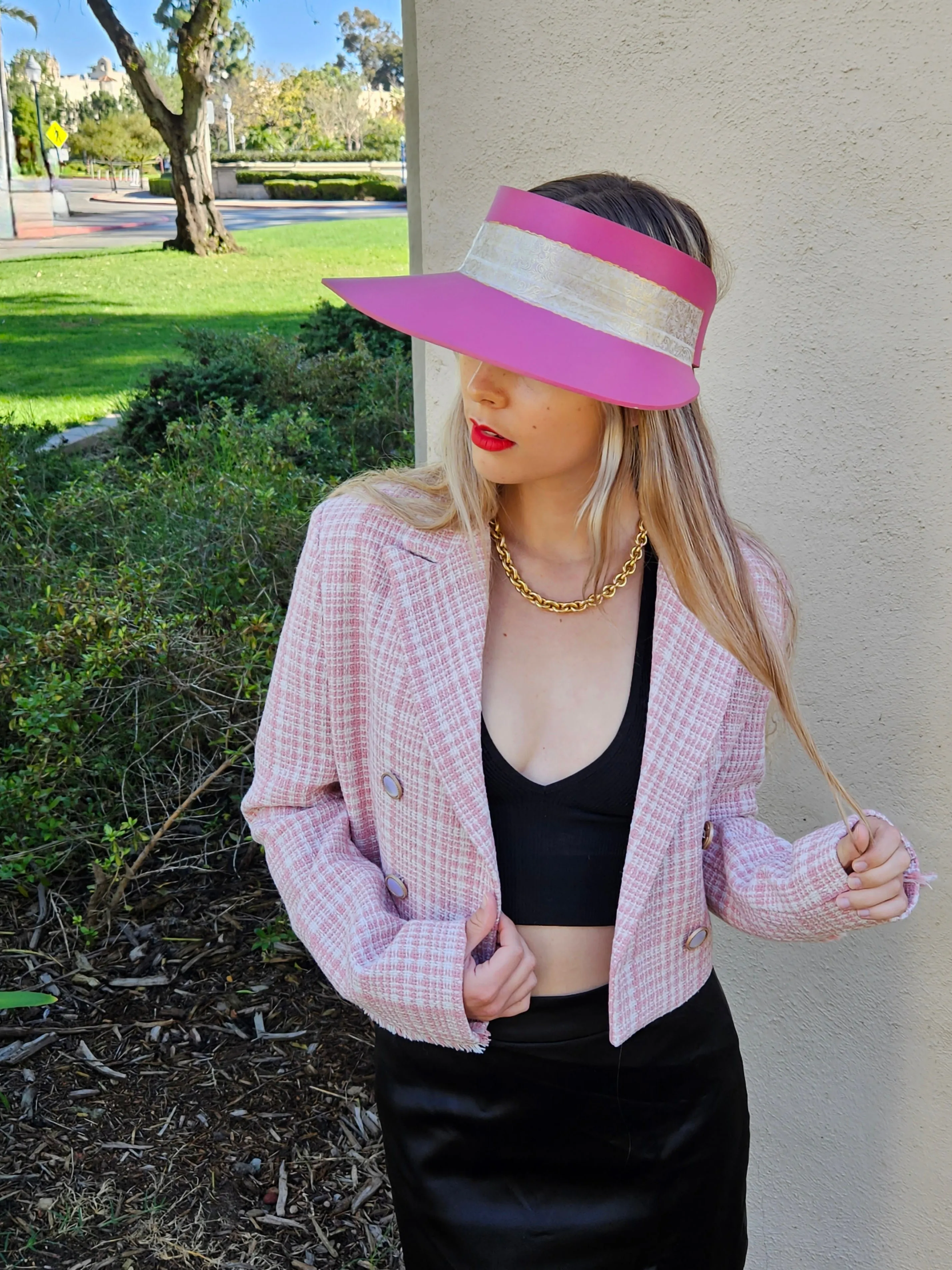 Tall Pink "LadyEVA" Visor Hat with Golden Band