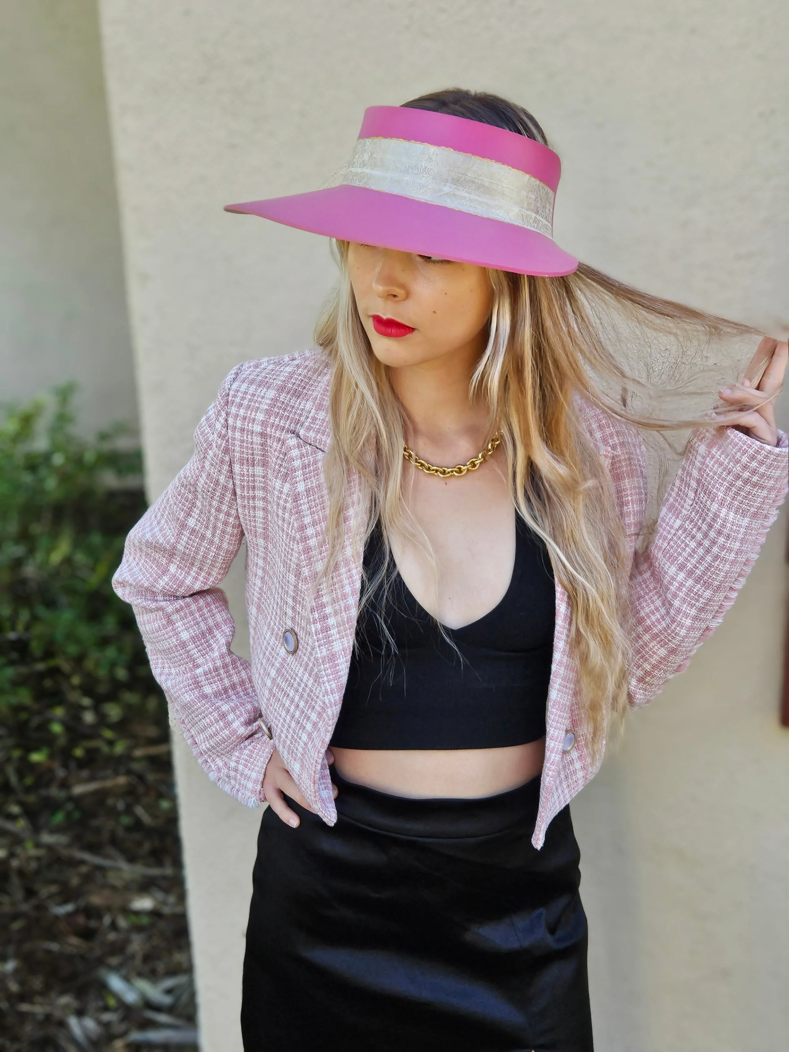 Tall Pink "LadyEVA" Visor Hat with Golden Band