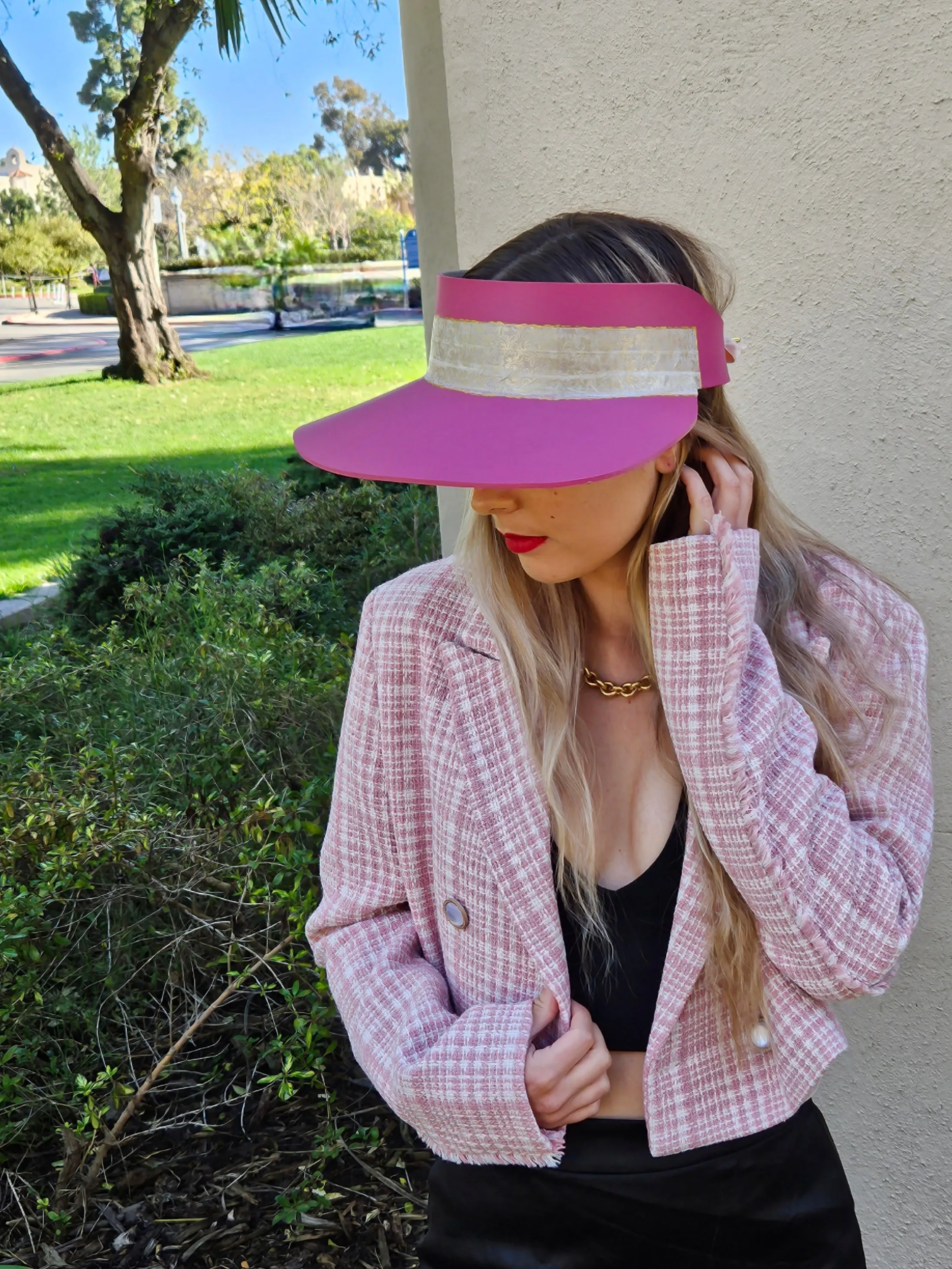 Tall Pink "LadyEVA" Visor Hat with Golden Band