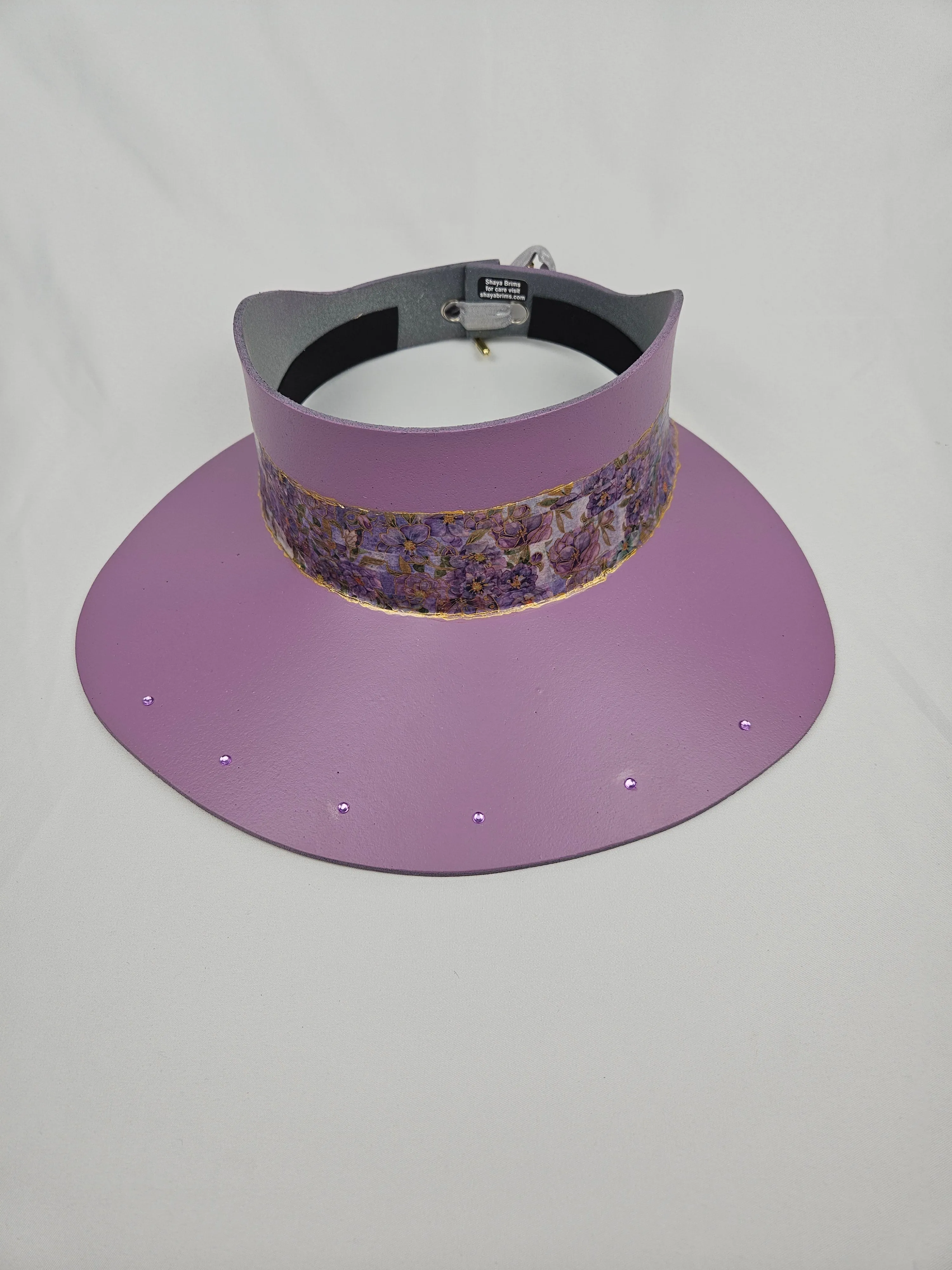 Tall Purple LadyEVA Visor Hat with Purple Floral Band and Rhinestone Border