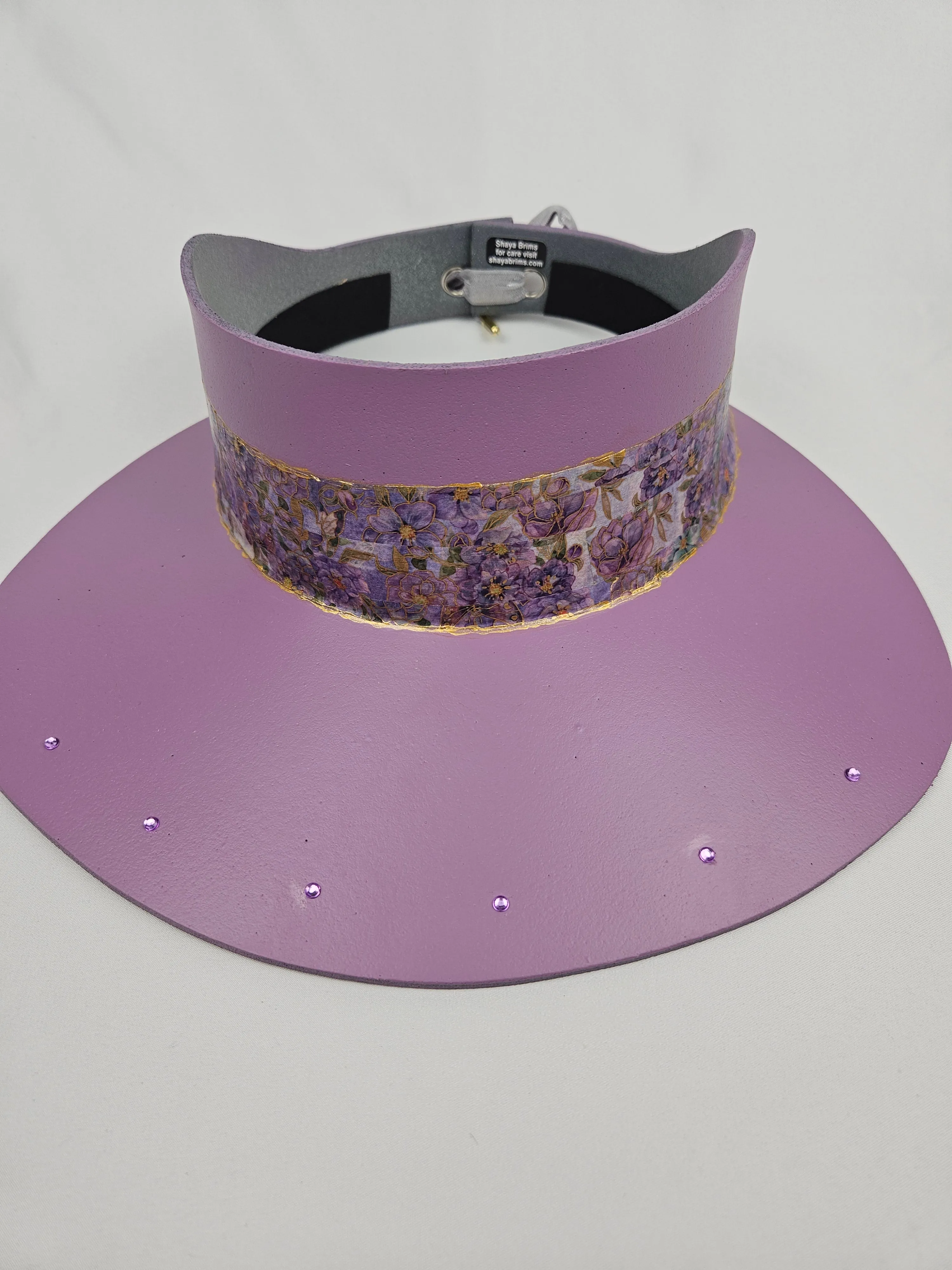 Tall Purple LadyEVA Visor Hat with Purple Floral Band and Rhinestone Border