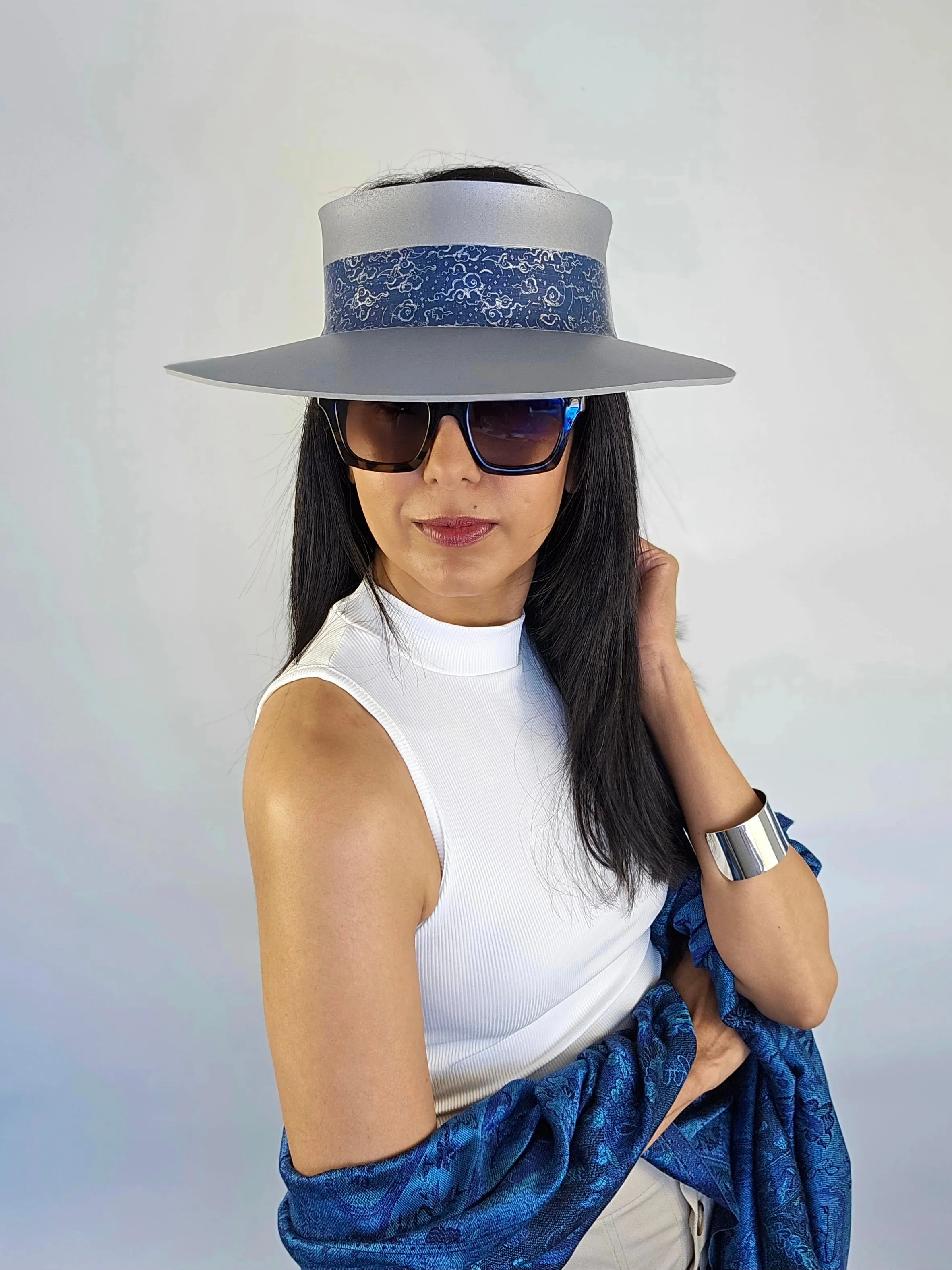 Tall Silver "LadyEVA" Visor Hat with Dark Blue Purple Celestial Themed Band