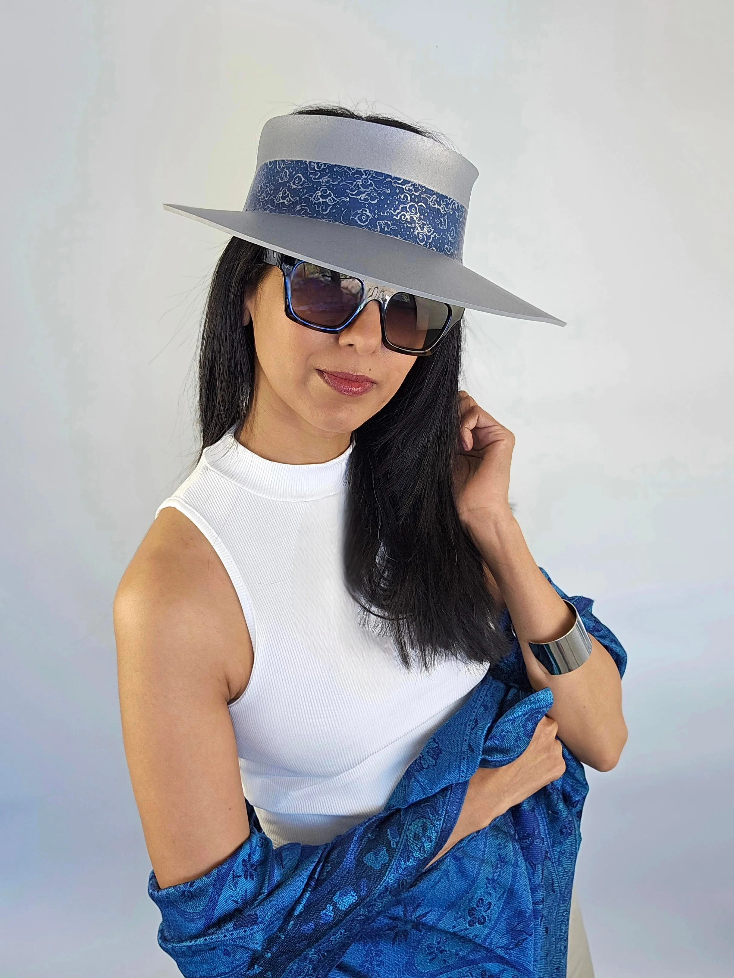 Tall Silver "LadyEVA" Visor Hat with Dark Blue Purple Celestial Themed Band