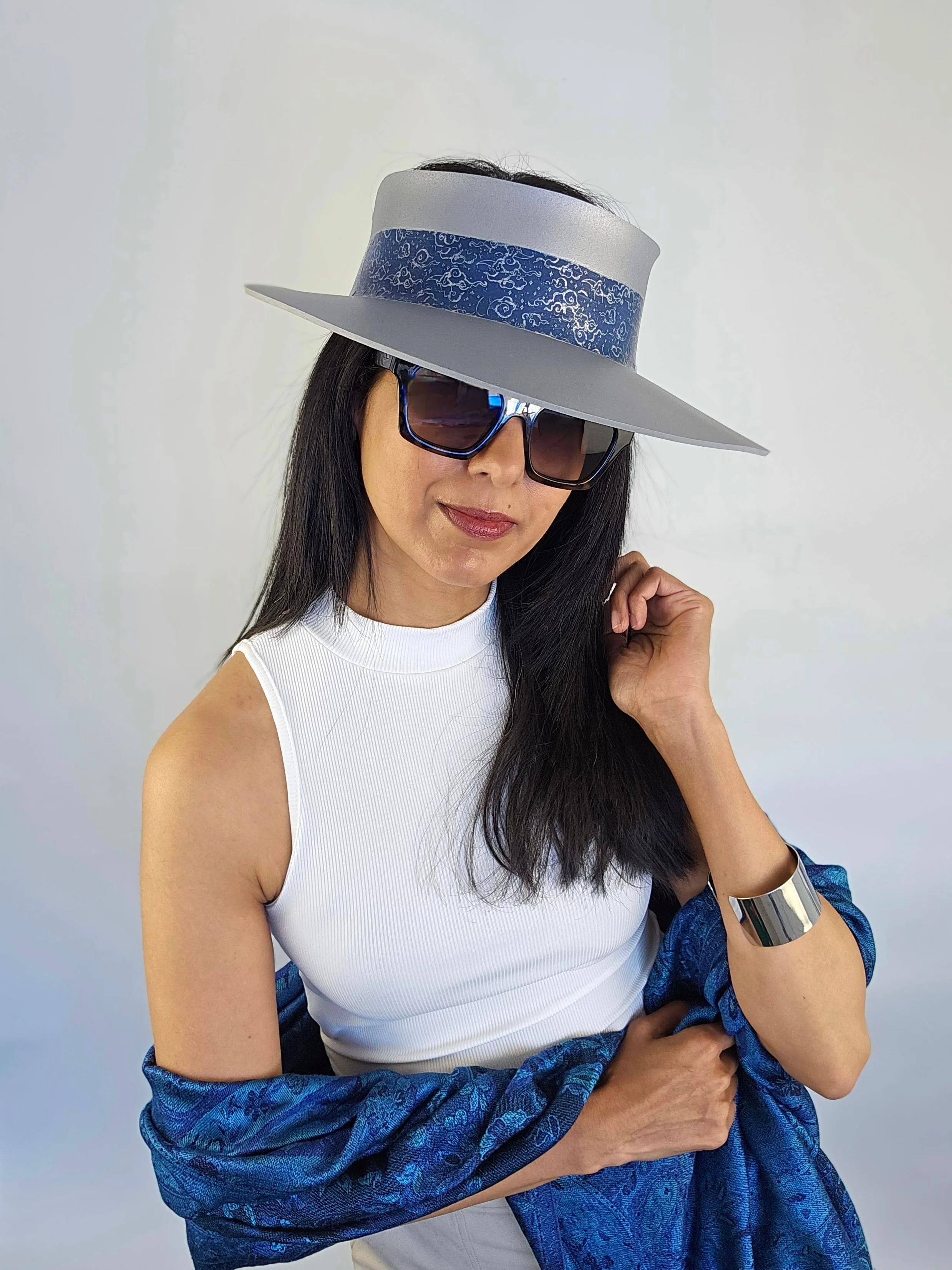 Tall Silver "LadyEVA" Visor Hat with Dark Blue Purple Celestial Themed Band