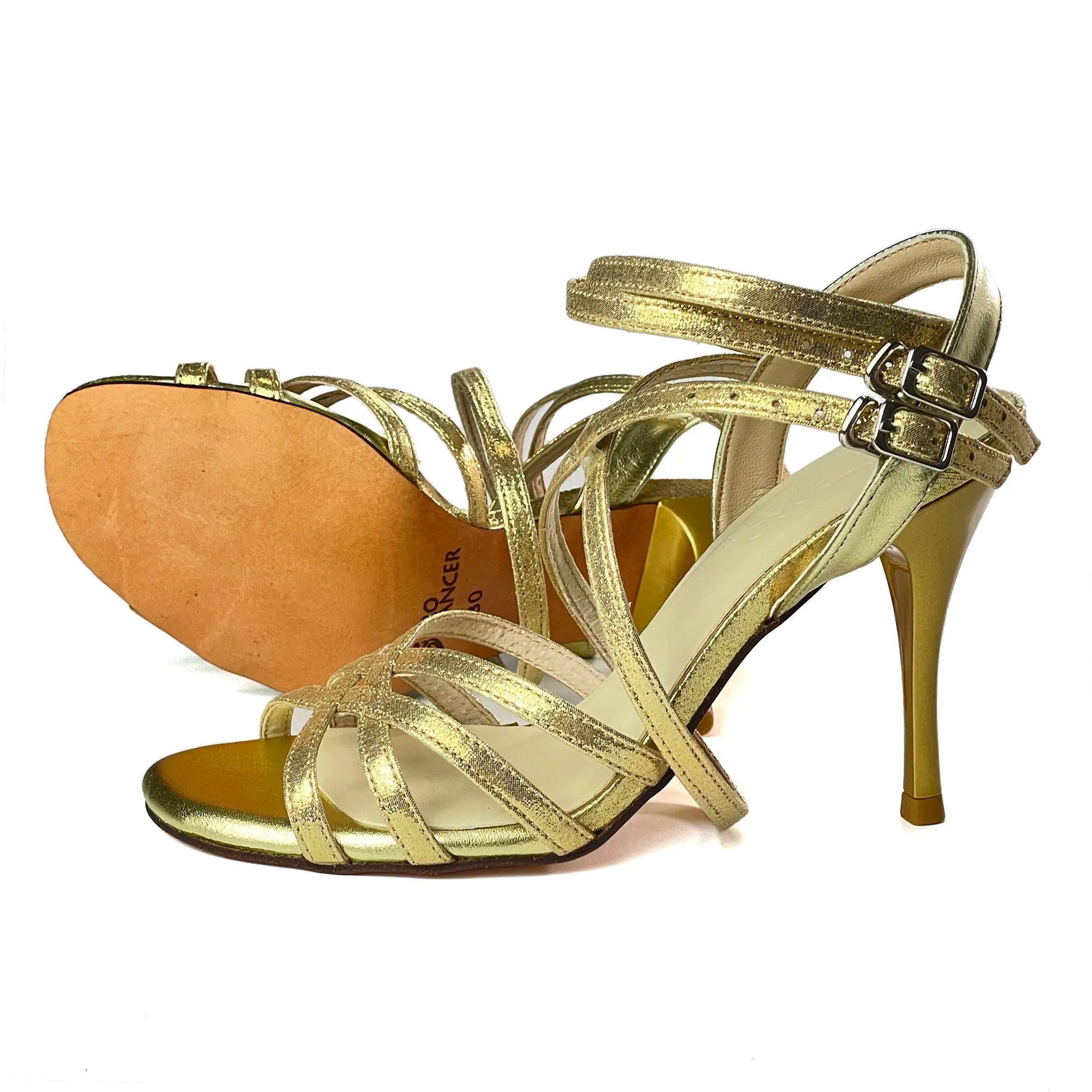 Tango Argentine Shoes High Heel Dance Sandals Leather Sole Gold