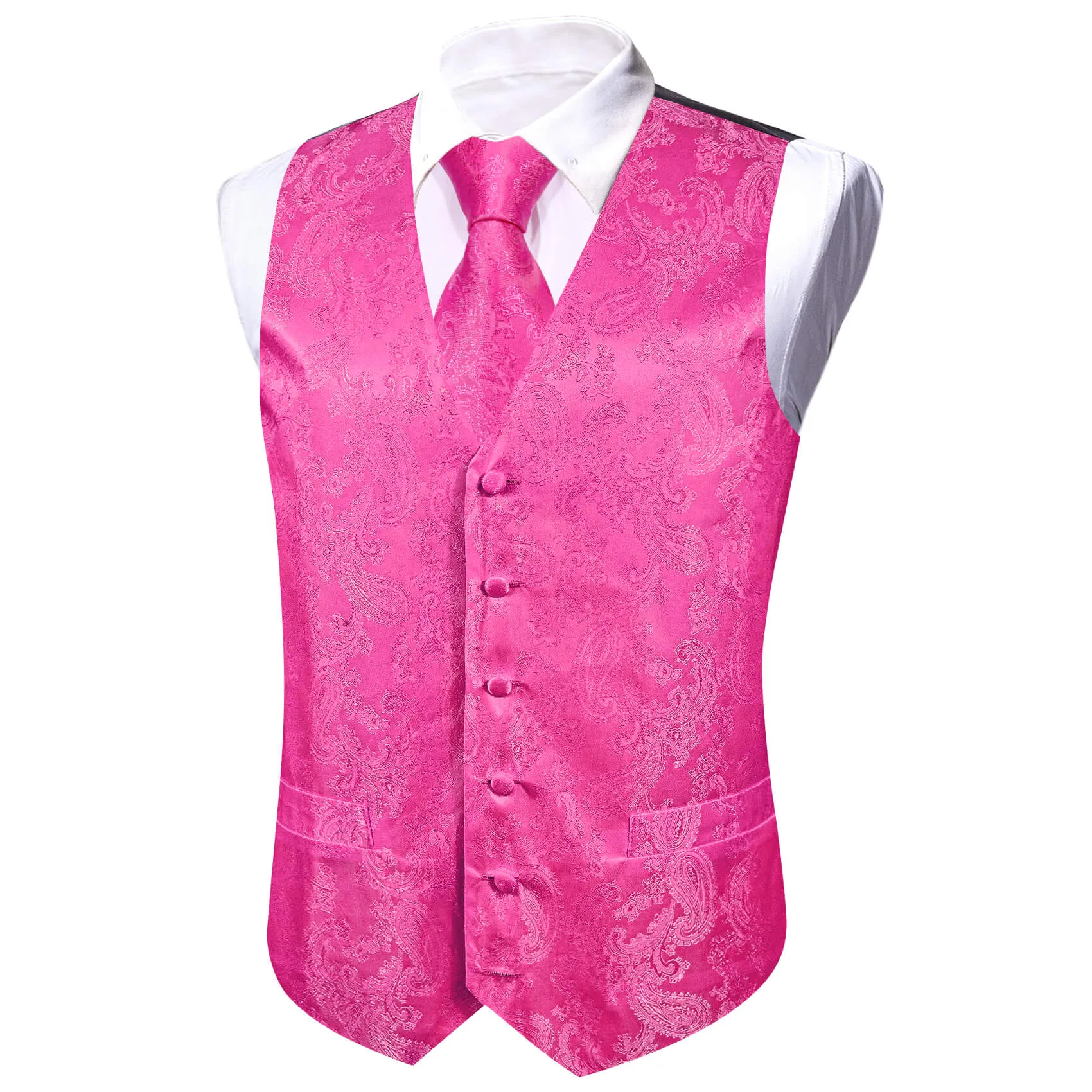 Ties2you Vest for Men Deep Pink Paisley Silk Vest Tie Bow Tie Set 5PC