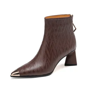 TinaCus Women's Genuine Leather Pointed Toe Handmade Chunky Heel Zip Up Ankle Boots