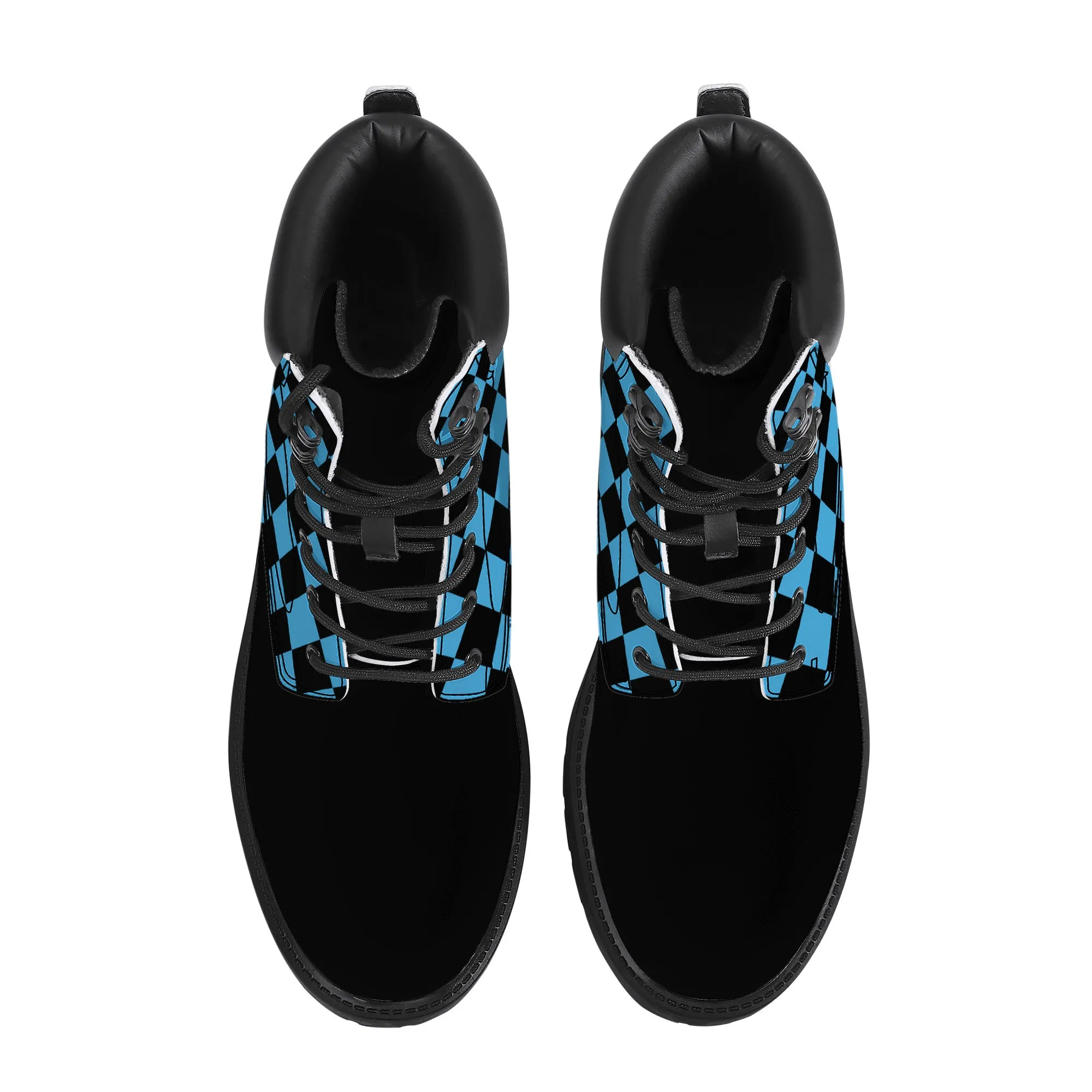 Unisex Synthetic Leather Boots With Cuff - Blue Checkers