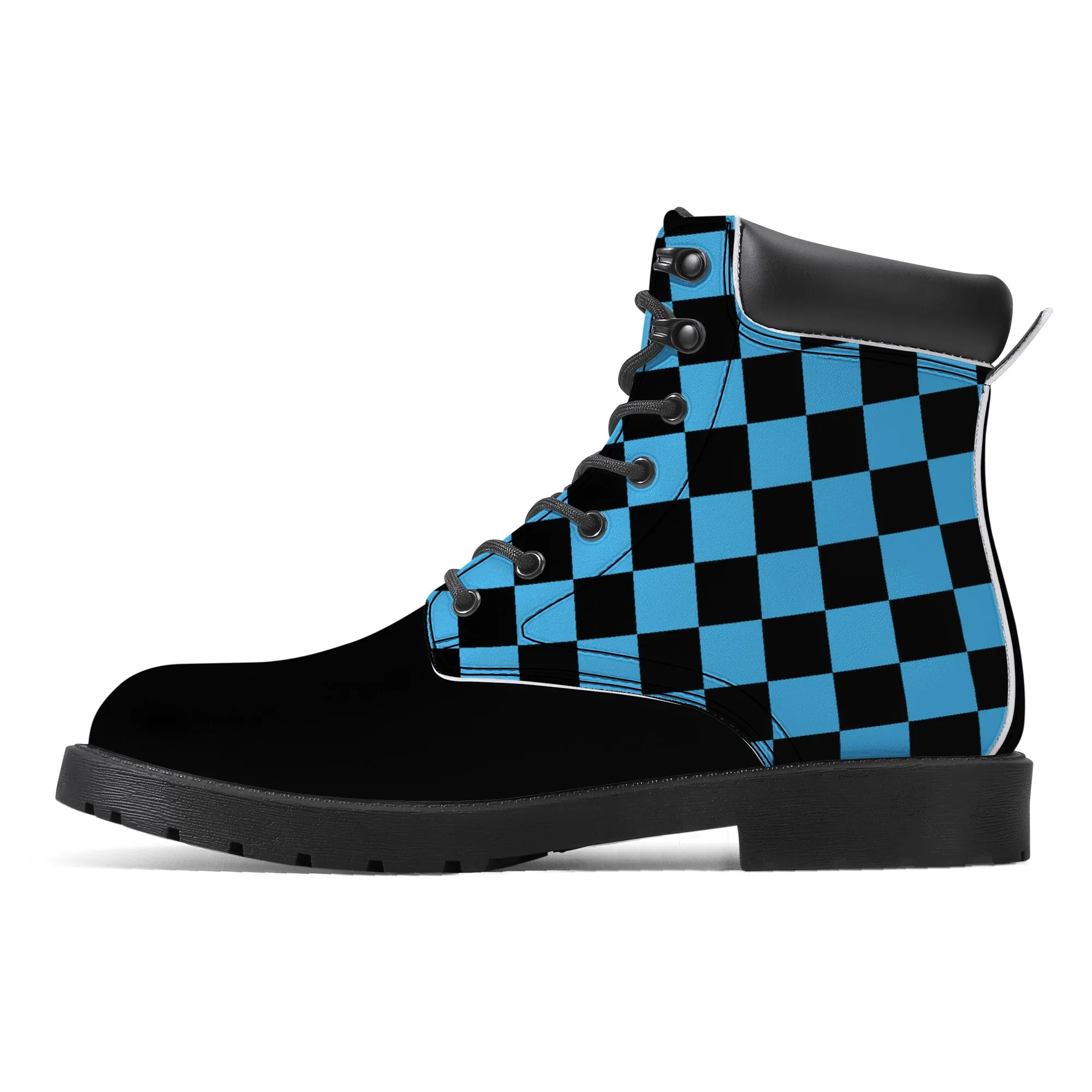 Unisex Synthetic Leather Boots With Cuff - Blue Checkers