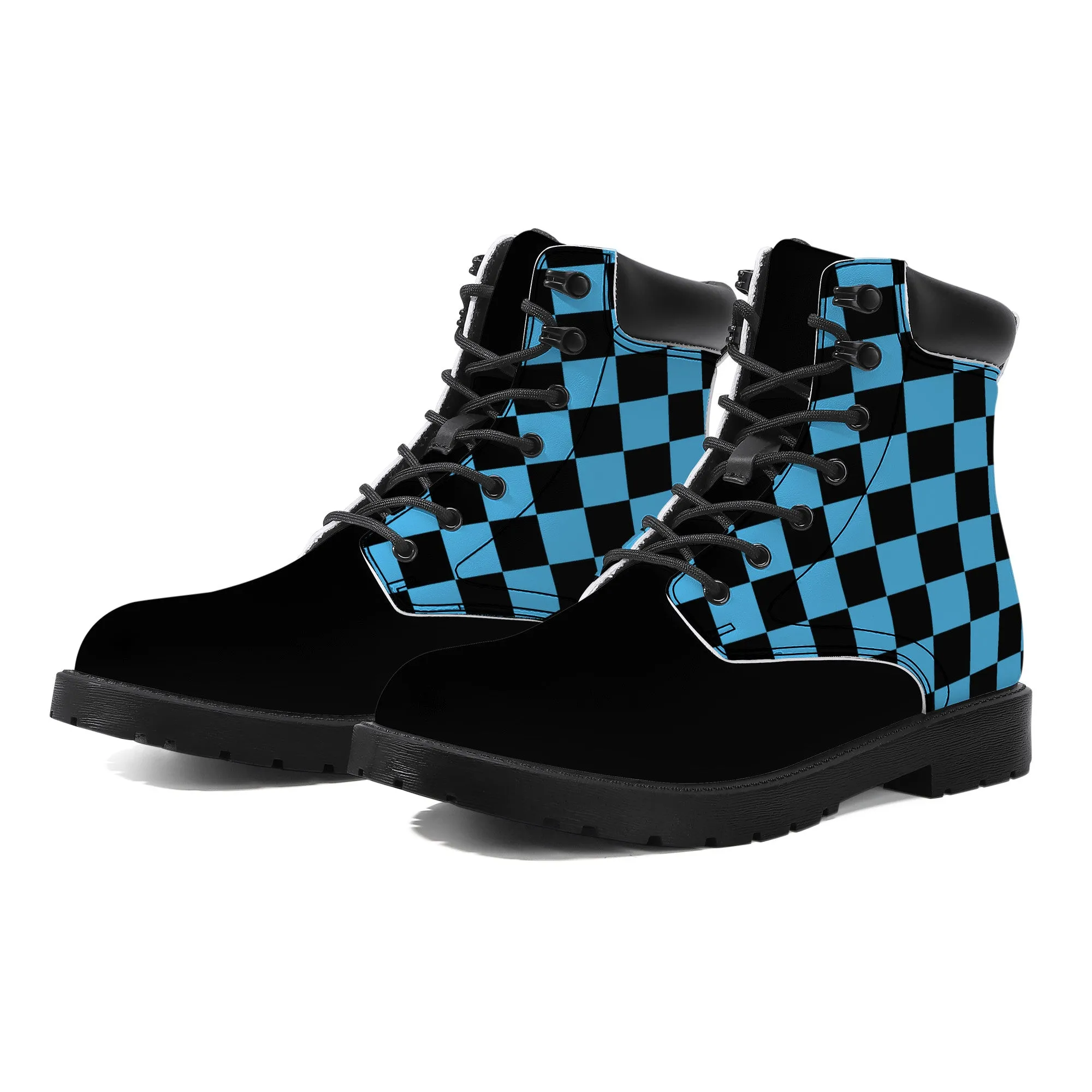 Unisex Synthetic Leather Boots With Cuff - Blue Checkers