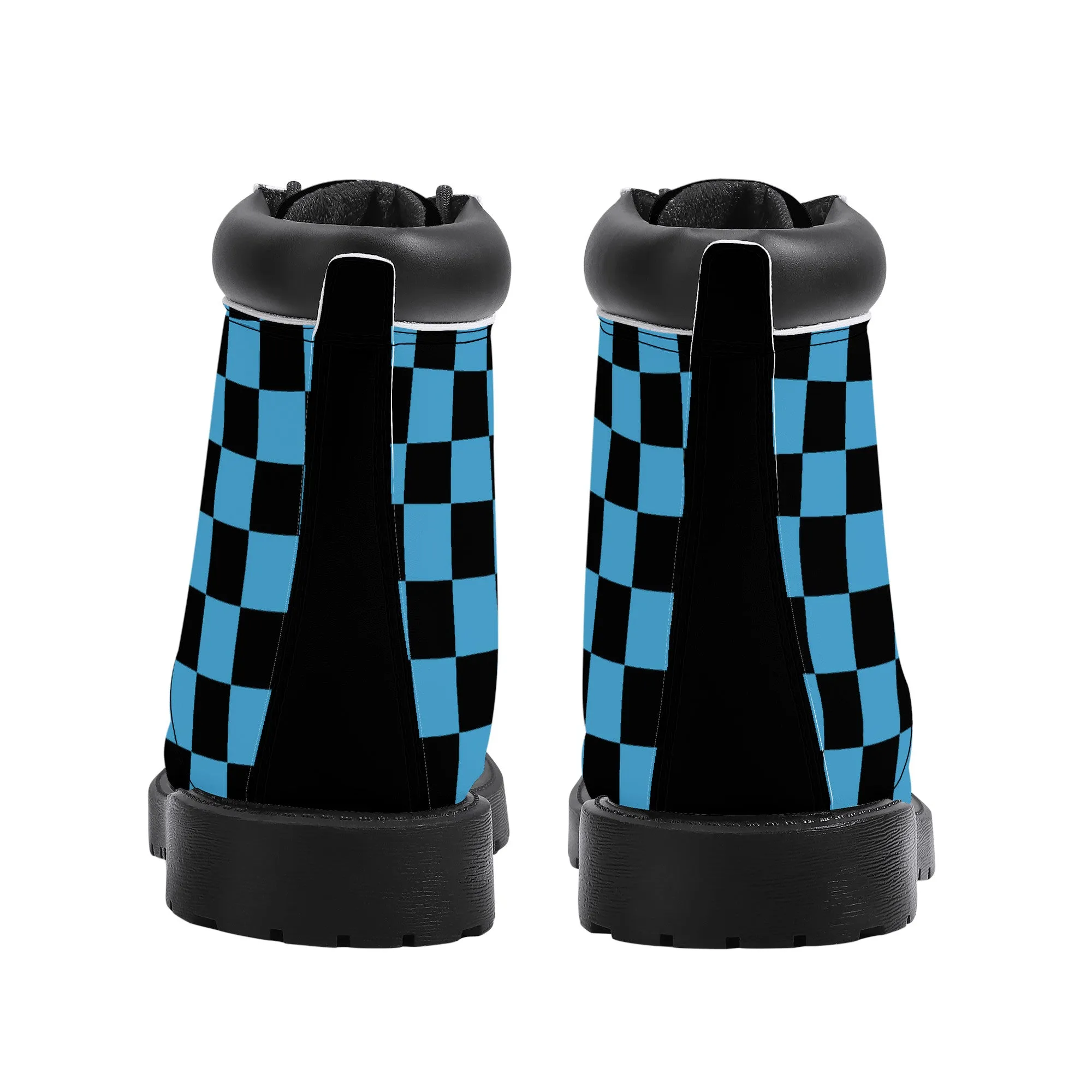 Unisex Synthetic Leather Boots With Cuff - Blue Checkers