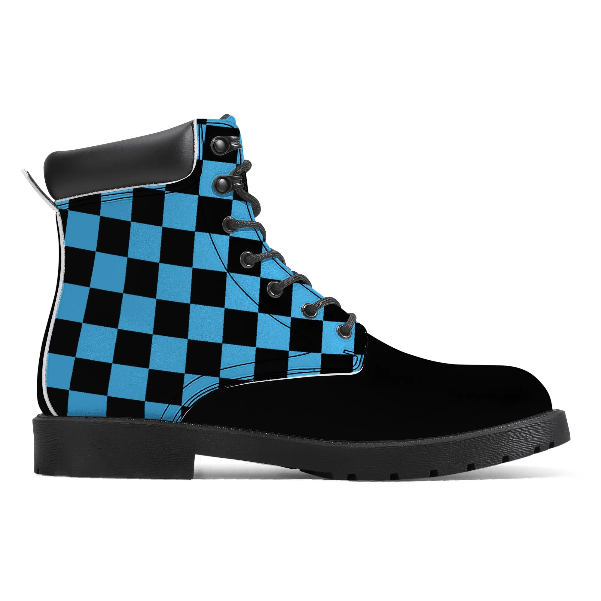 Unisex Synthetic Leather Boots With Cuff - Blue Checkers