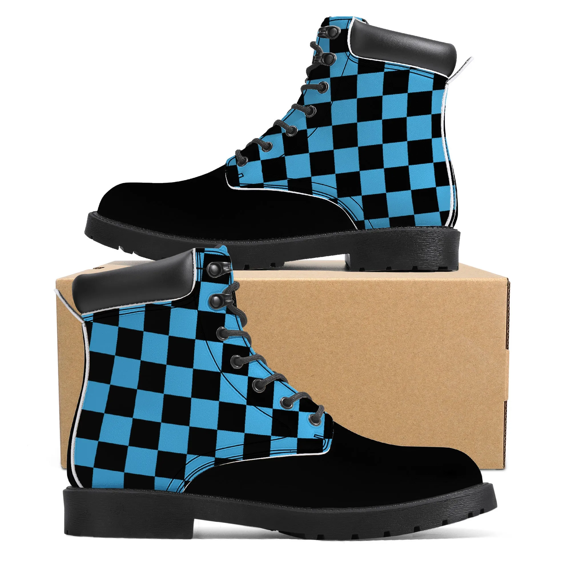 Unisex Synthetic Leather Boots With Cuff - Blue Checkers