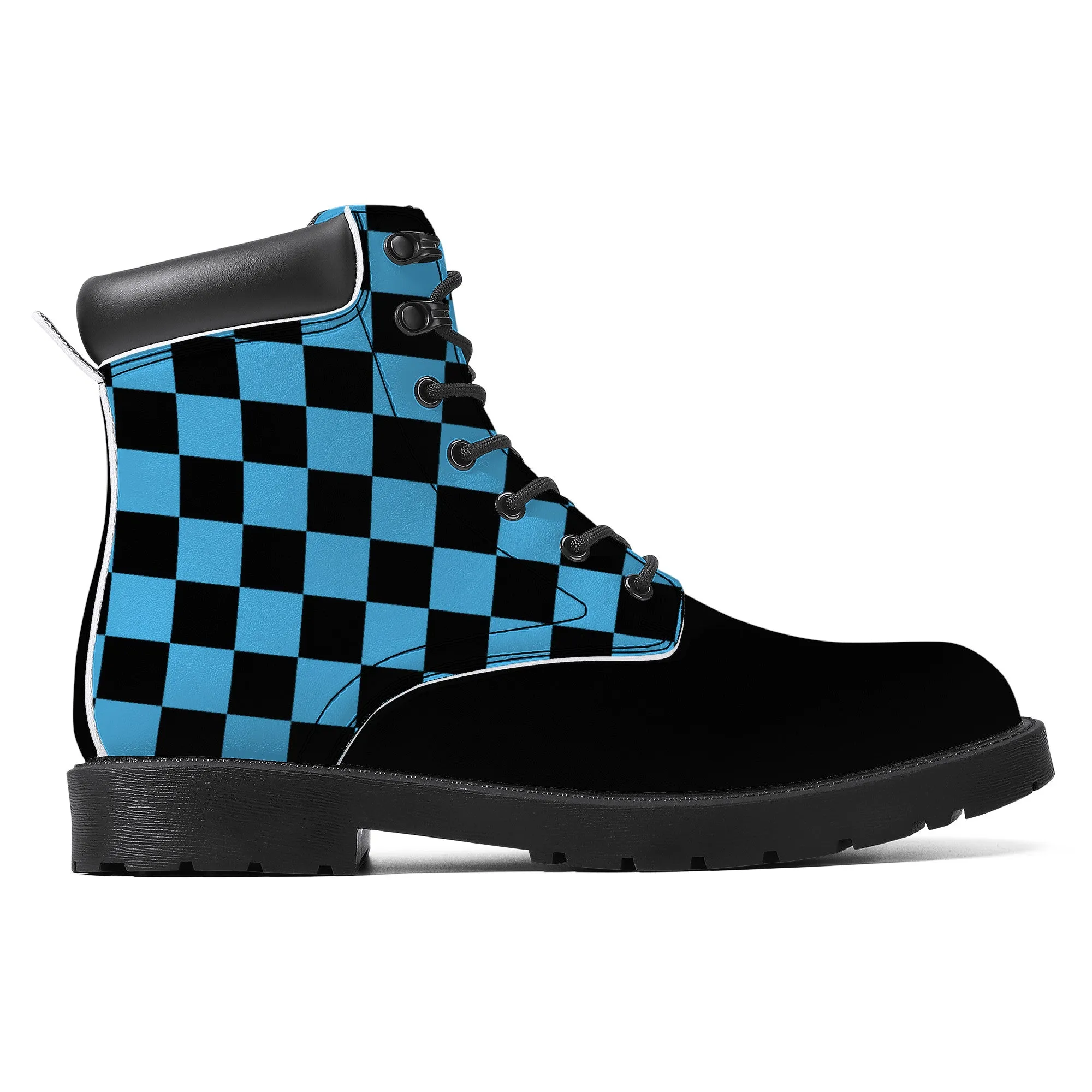 Unisex Synthetic Leather Boots With Cuff - Blue Checkers