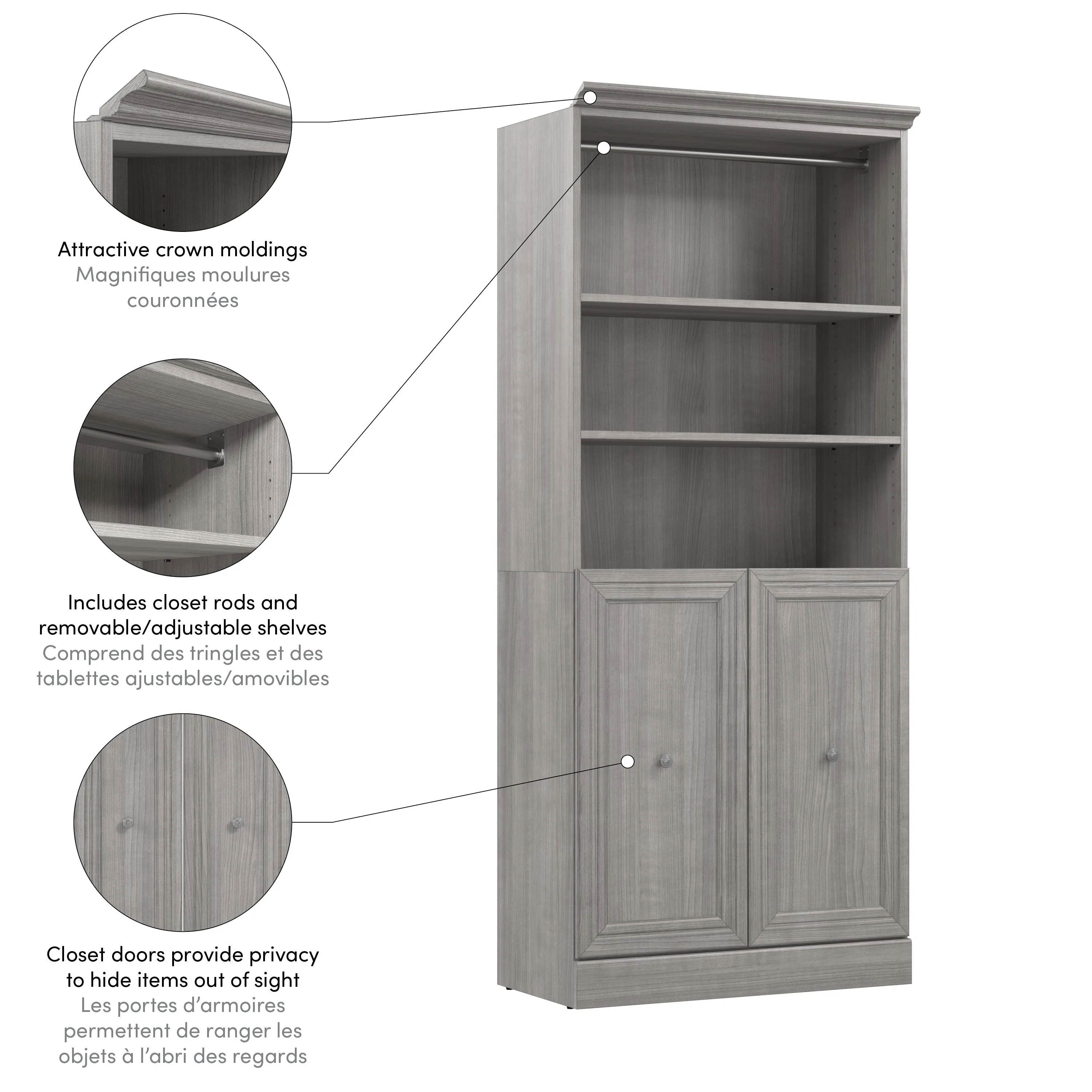 Versatile 36W Closet Organizer with Doors in Platinum Grey