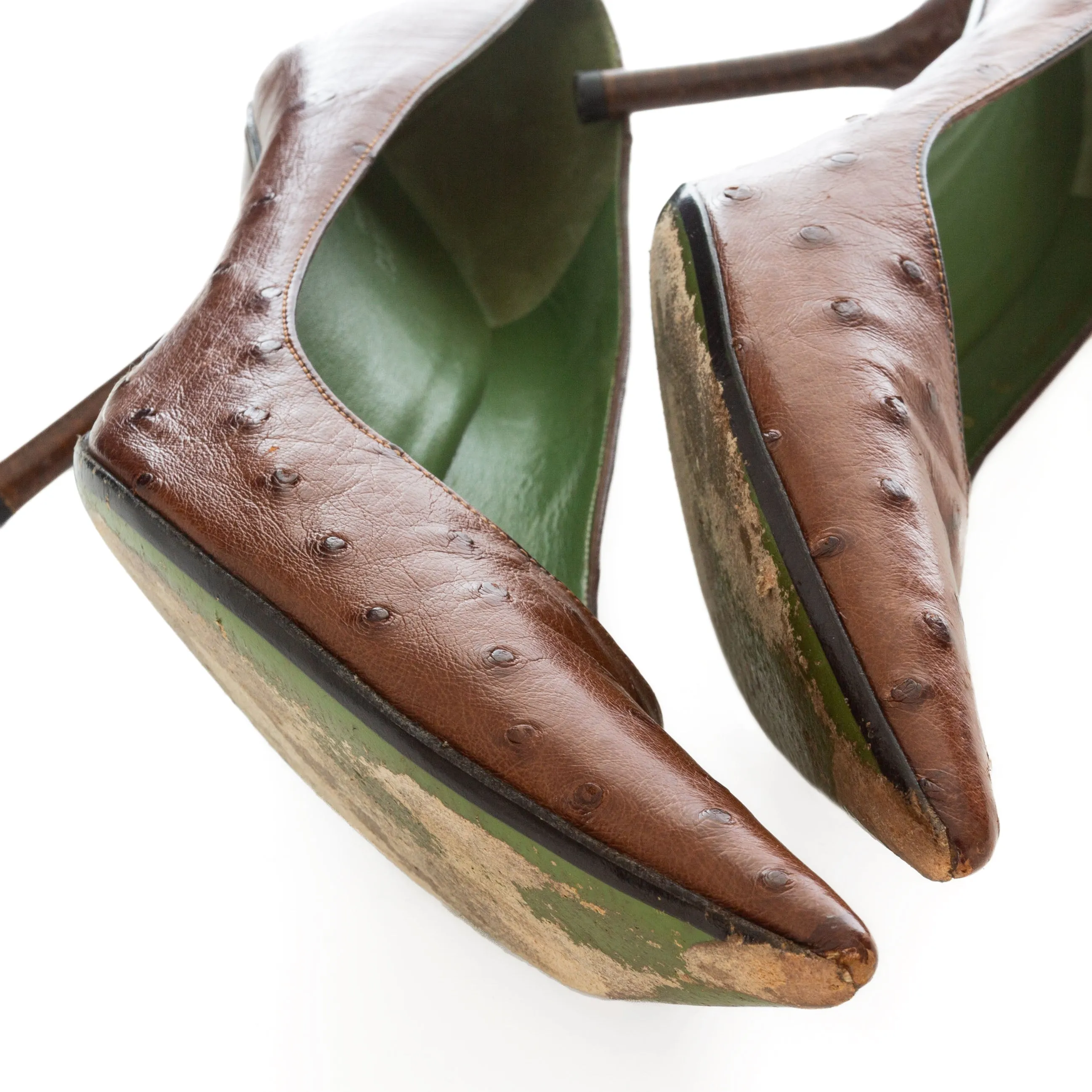 Vintage Brown Ostrich-Embossed Leather Pumps 9