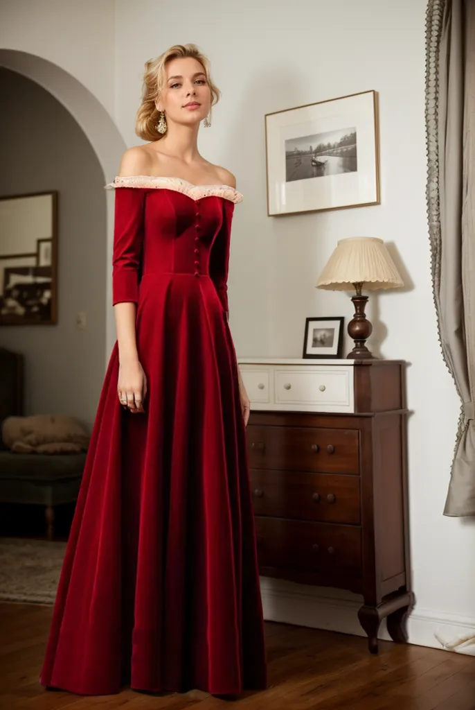 Vintage Off-the-Shoulder Velvet Dress with Ruffled Tulle and 3/4 Sleeves