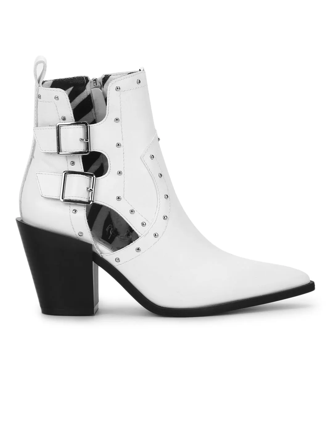 White Pu Buckled Up Studded Block Heel Ankle Boots