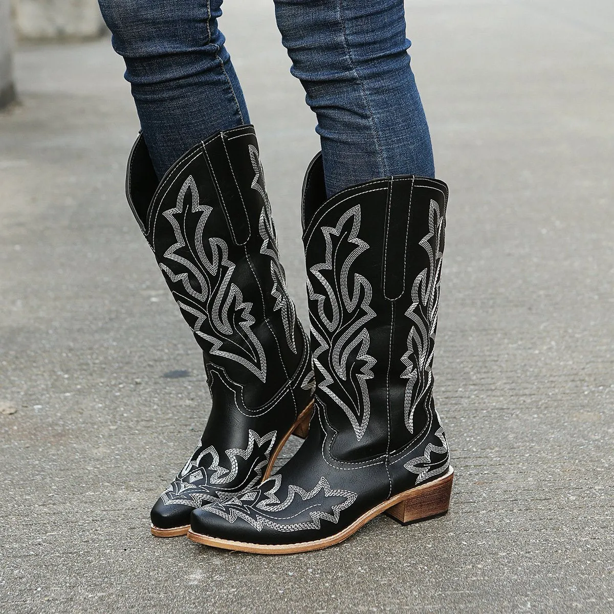 Women embroidered medium chunky heel mid calf boots