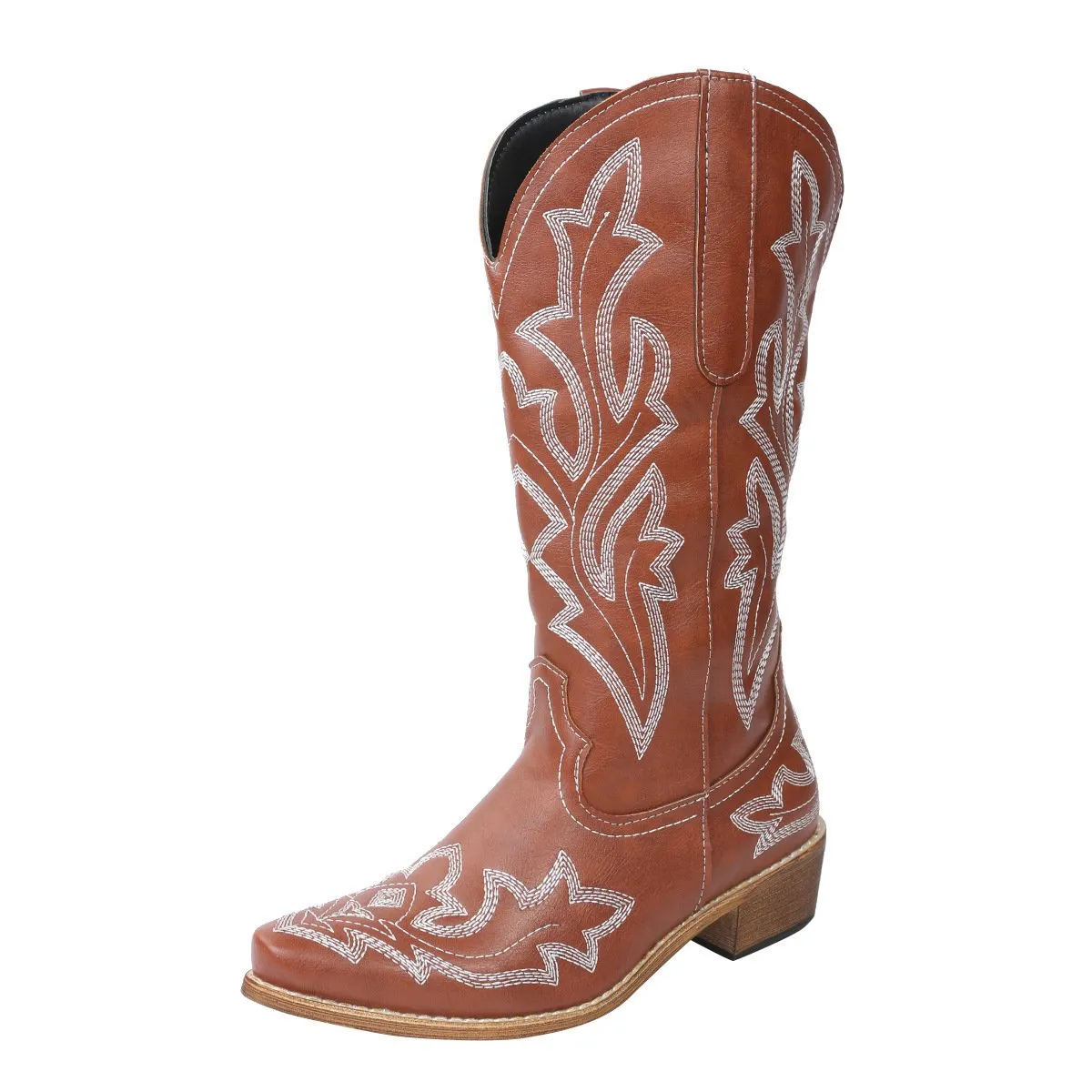 Women embroidered medium chunky heel mid calf boots