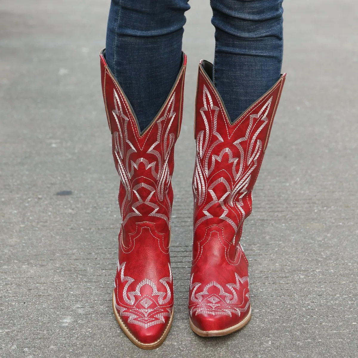 Women embroidered medium chunky heel mid calf boots