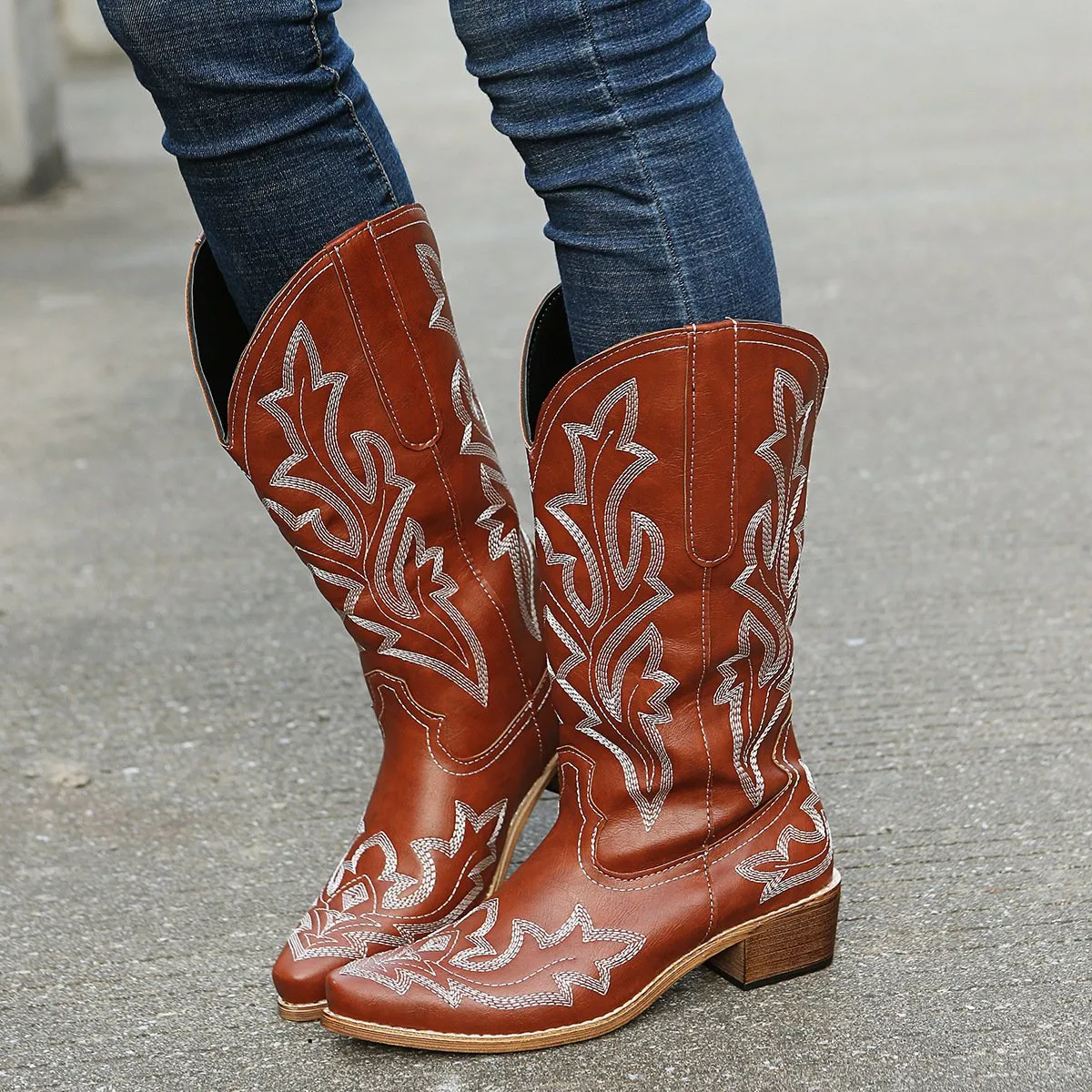 Women embroidered medium chunky heel mid calf boots