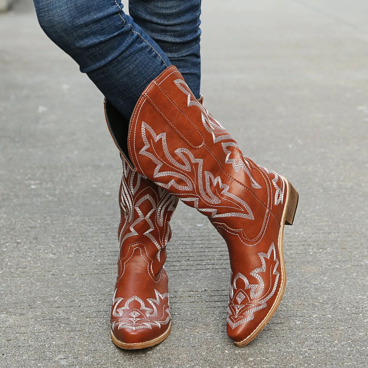 Women embroidered medium chunky heel mid calf boots