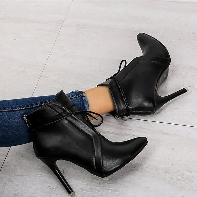 Women lace up pointed toe stiletto high heel boots