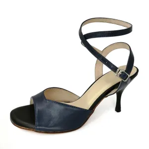 Women's Argentine Tango Shoes High Heel Dance Sandals Leather Sole Dark Blue