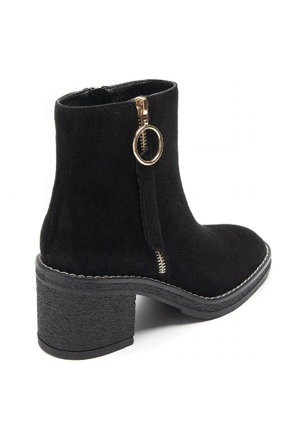 WOMENS BLACK FAUX SUEDE RING ZIP BLOCK HEEL ANKLE BOOTS