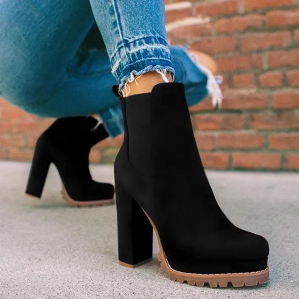 Women's Casual Round-toe Thick Square High Heel Suede Ankle Boots