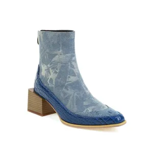 Women's Crocodile Pattern Tie Dye Patchwork Back Zippers Block Heel Short Boots