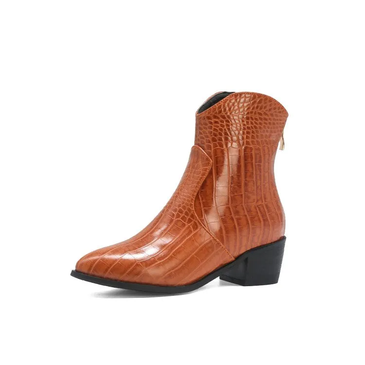 Women's Crocodile-print Pu Leather Pointed Toe Back Zippers Block Chunky Heel Cowboy Short Boots