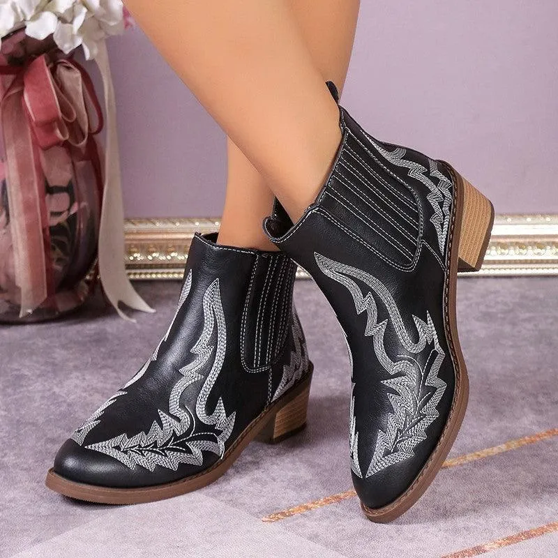 Women's Martin Vintage Pointed Toe Chunky Heel Embroidered Ankle Boots